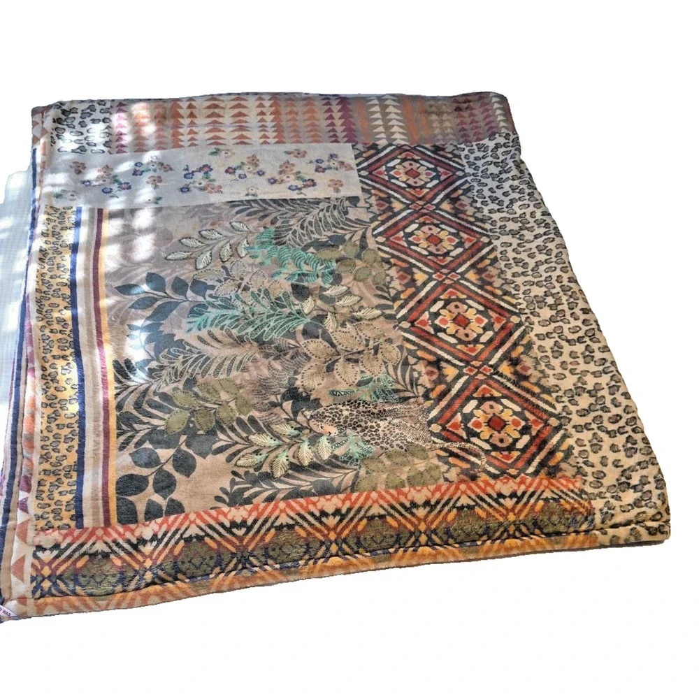 Johnny Was Reversible Cozy Blanket 68x74 Floral Leopard Patchwork Boho Bedding